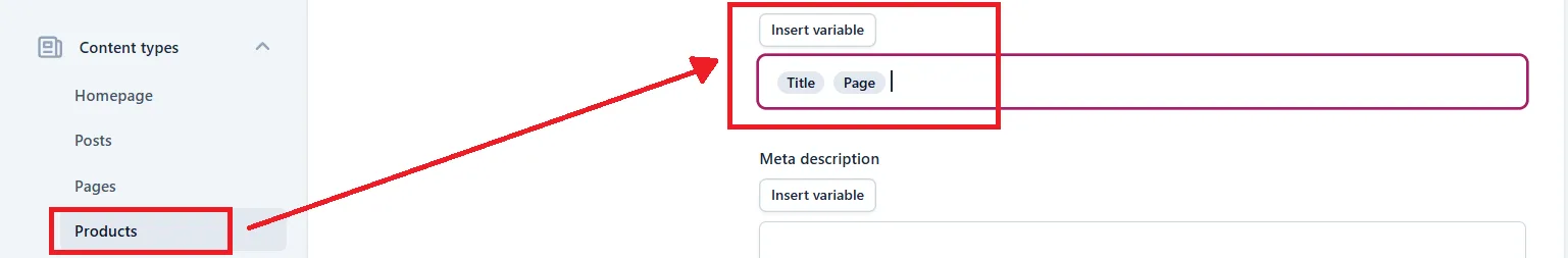 Click Products and ensure the %%title%% %%page%% variables are in the SEO title field.