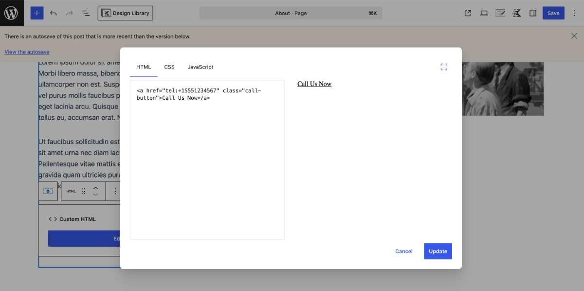 Call now button using custom HTML block