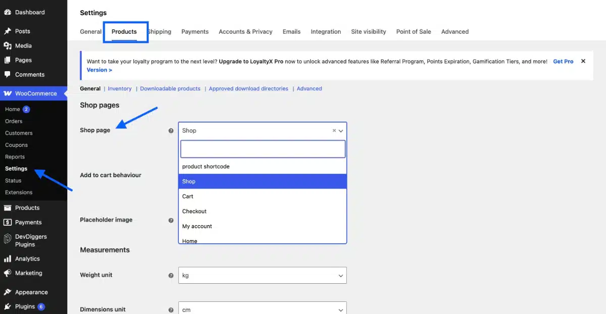 WooCommerce shop page settings display products