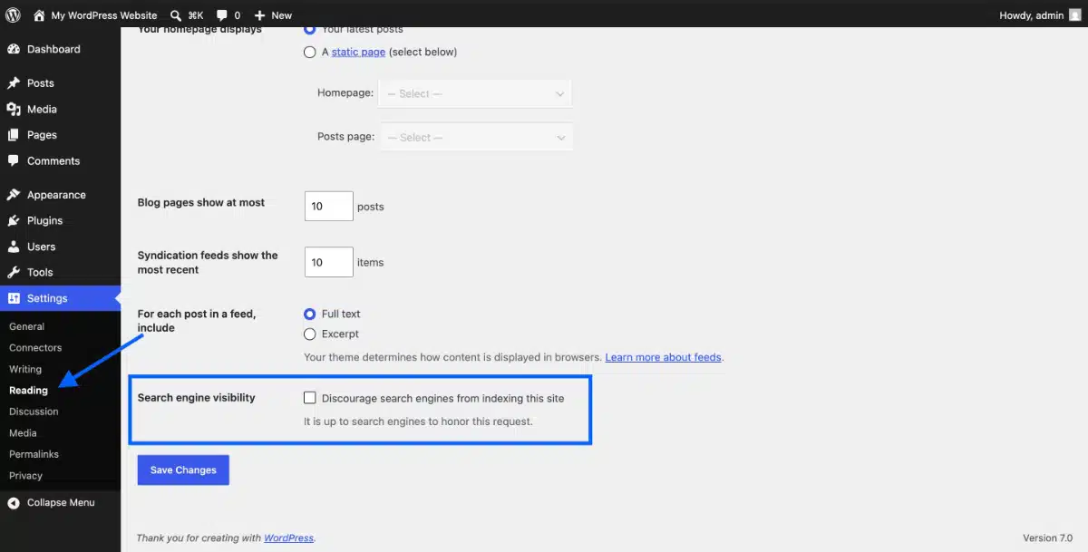 WordPress search engine visibility setting showing how to publish a WordPress site correctly