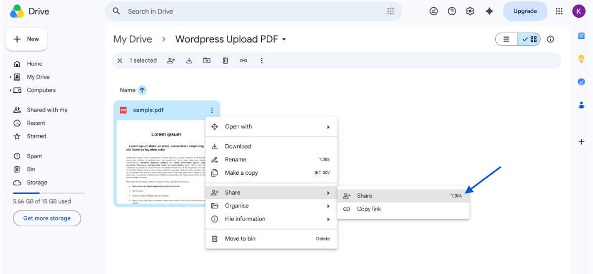 Right click on Share option on google drive