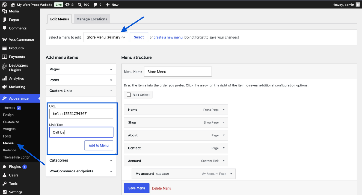 Click-to-Call Link WordPress menu