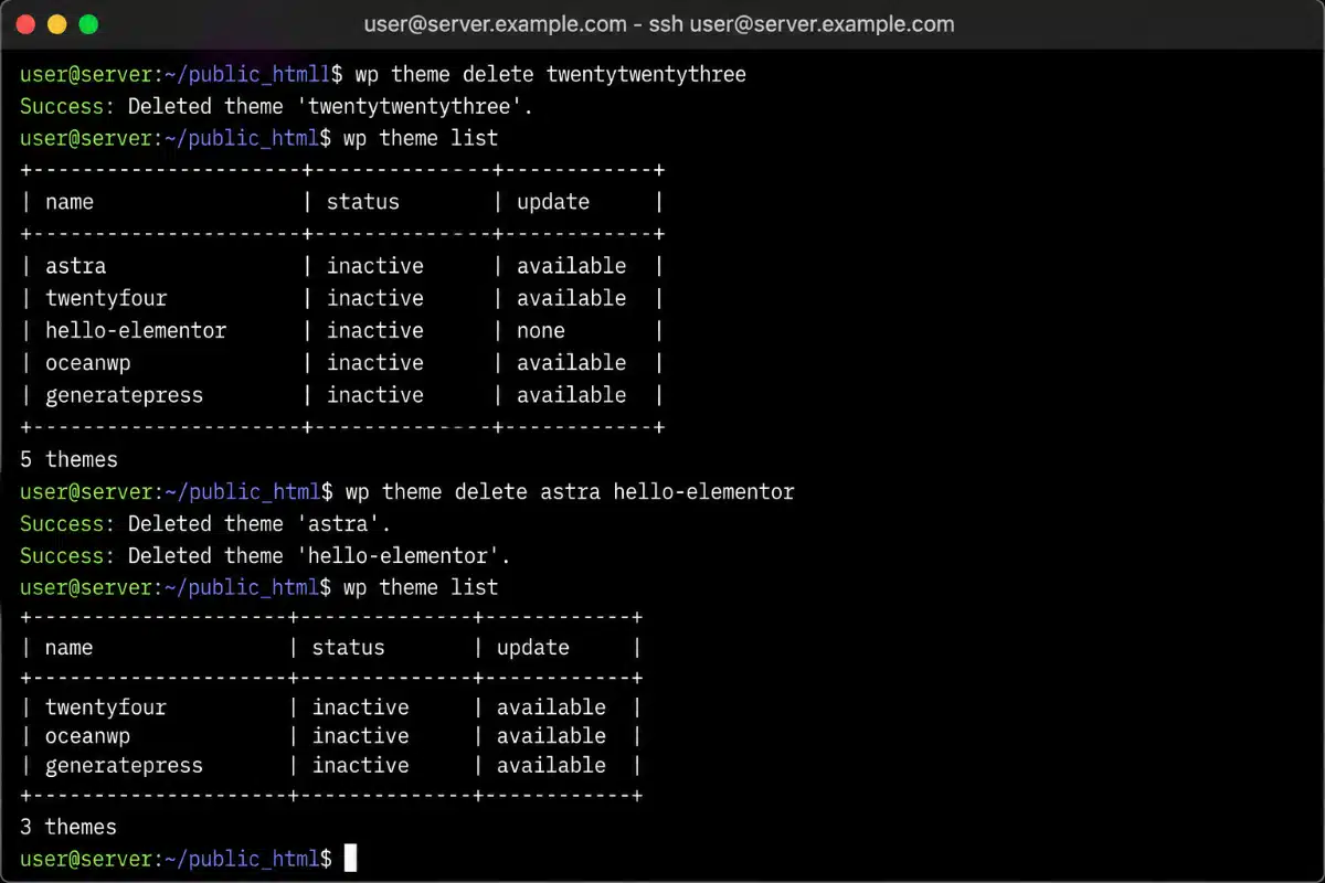 Delete a specfic theme with WP-CLI
