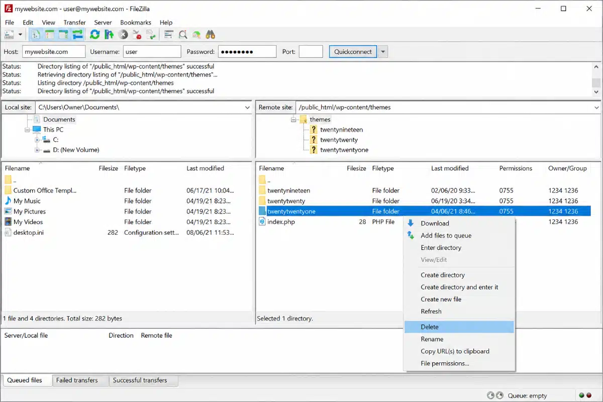 Delete a Theme in WordPress via FTP