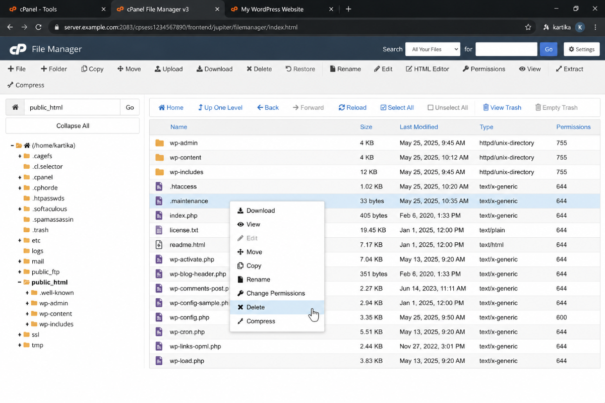 Deleting the .maintenance file in WordPress to fix maintenance mode after a timeout update