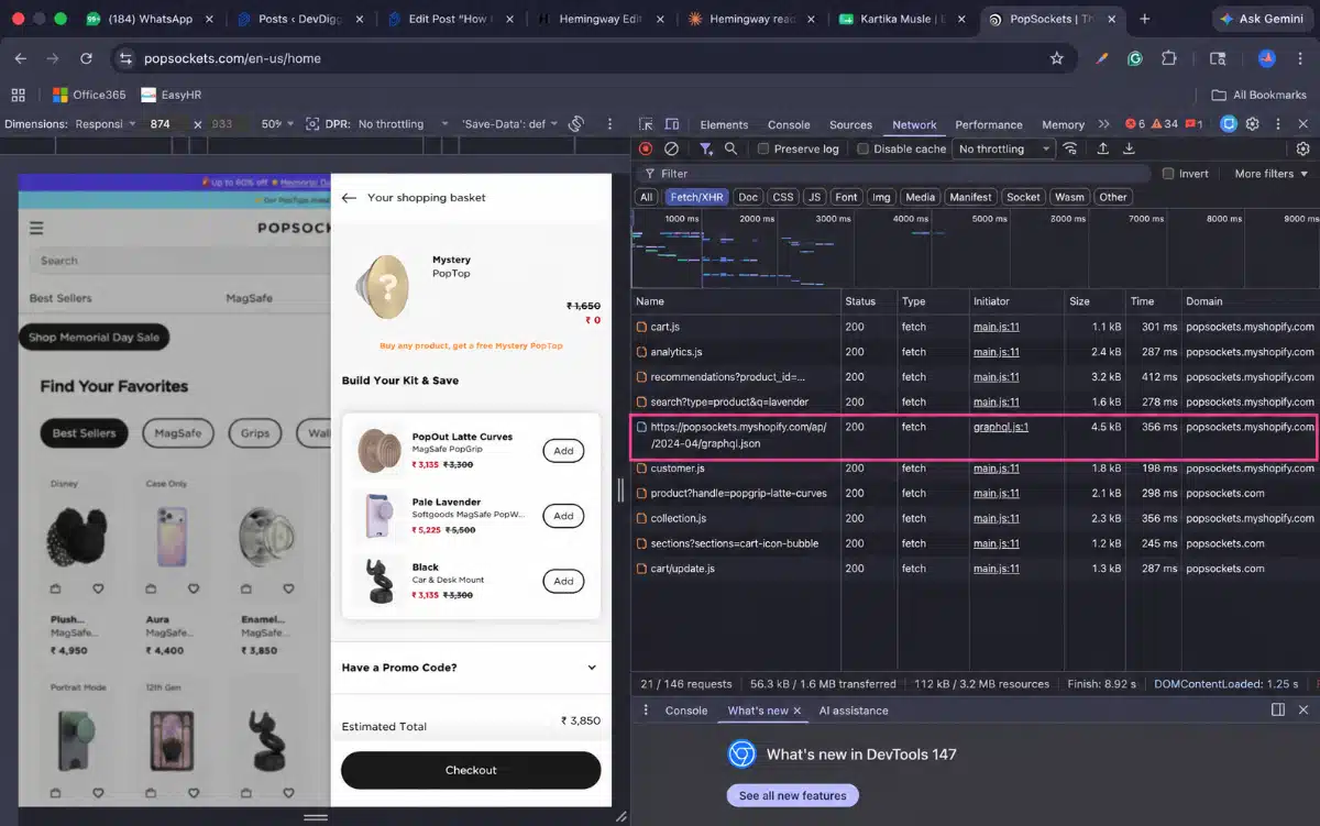 Check eCommerce platfrom from using the Browser Network Tab for Headless Stores