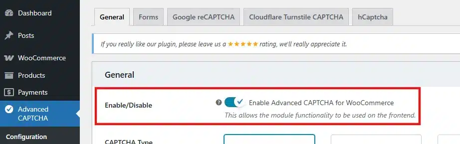 In the general tab, toggle the plugin on.