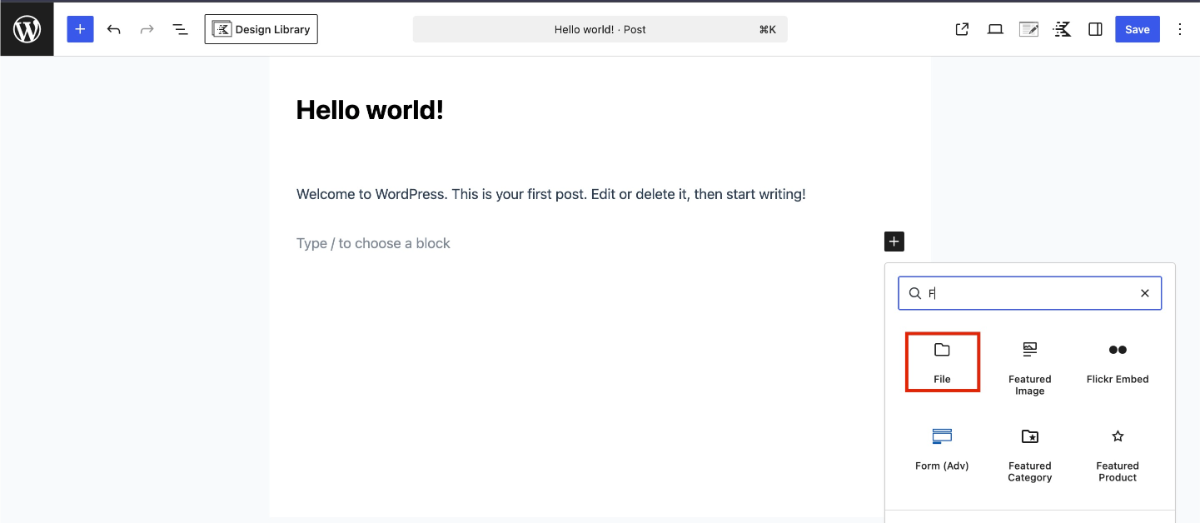 Select File block in Post or Page
