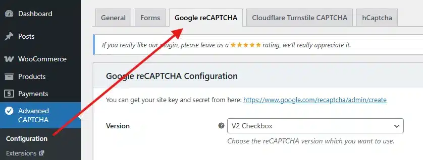 Switch to the Google reCAPTCHA tab.