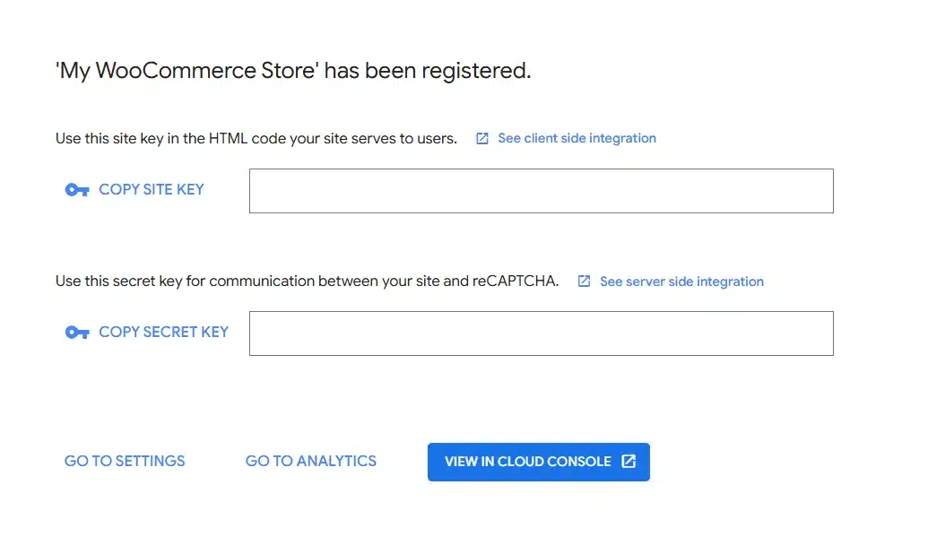Copy Your Site Key and Site Secret