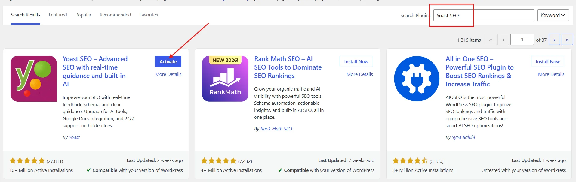 Search for Yoast SEO, click Install Now, then Activate.