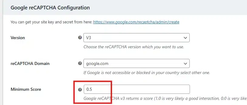 If you chose v3, set the Minimum Score. Start with 0.5. If you see legitimate customers getting blocked, lower it to 0.3. If bots are still getting through, raise it to 0.7 and monitor.