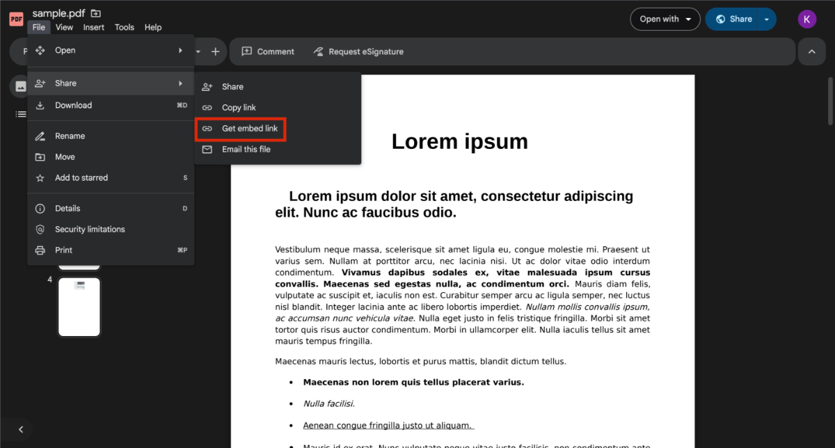Select get embed link option
