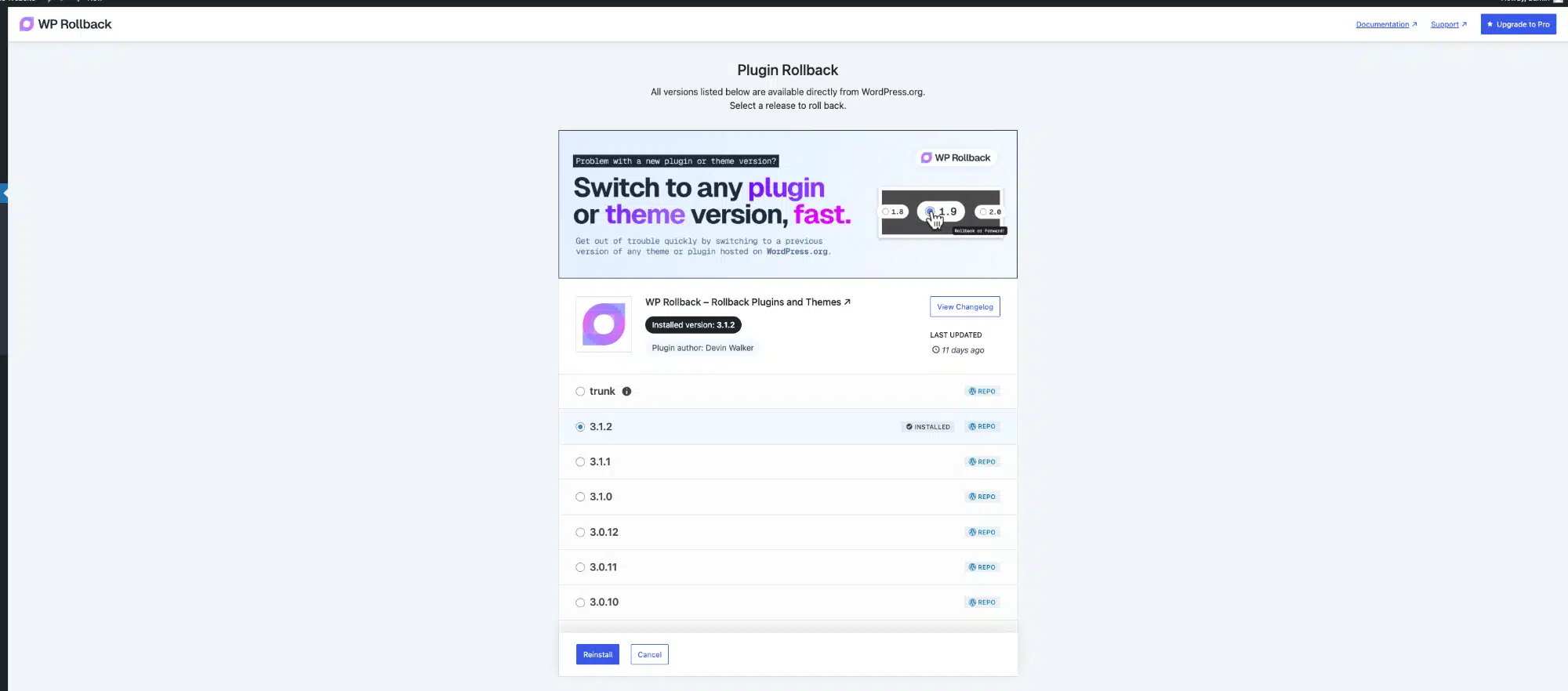 WP Rollback plugin WooCommerce version selection
