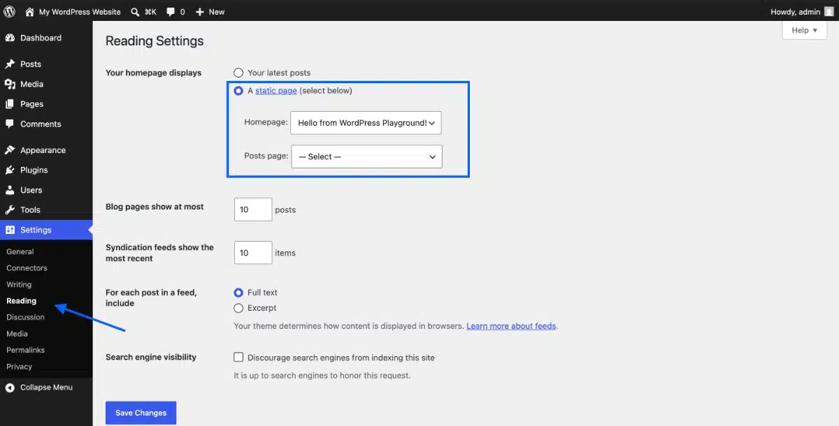 Set the static page
