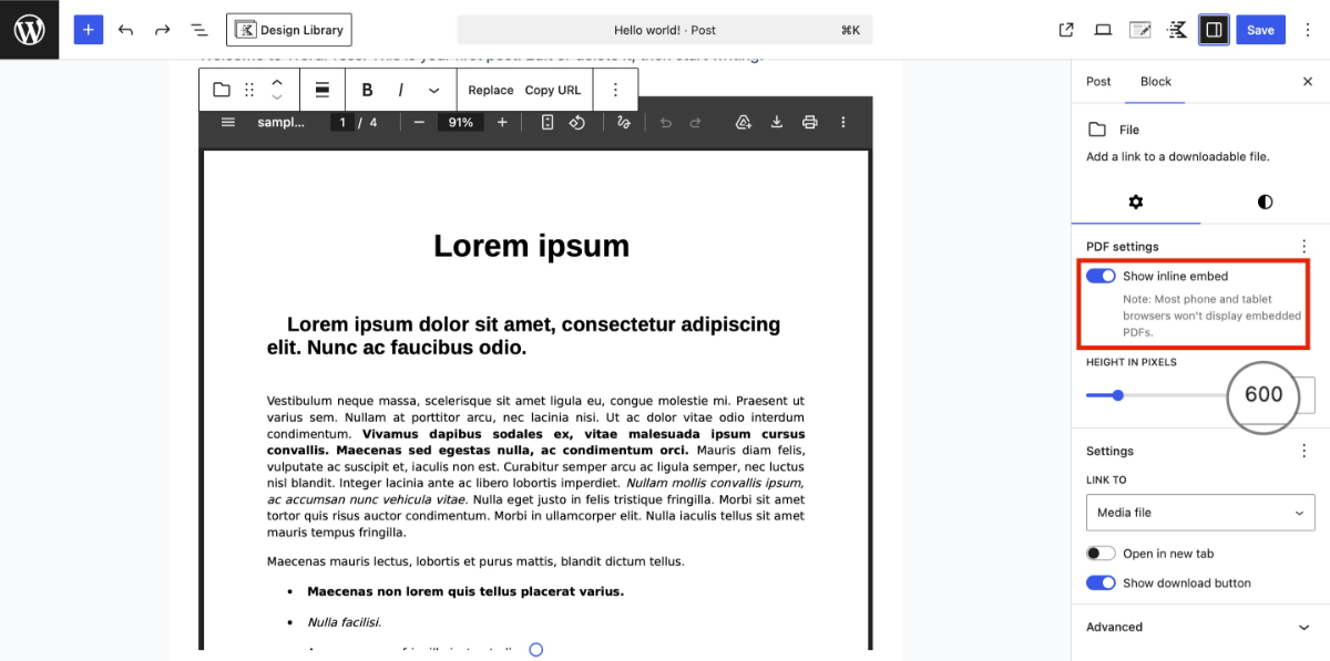 Select Show Inline embed option for the pdf