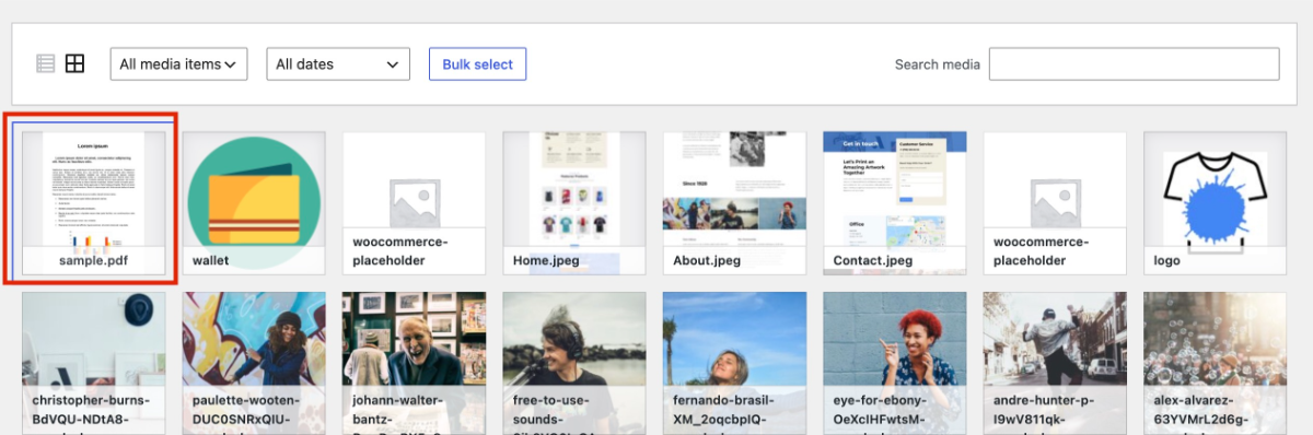Uploaded PDF file in media library