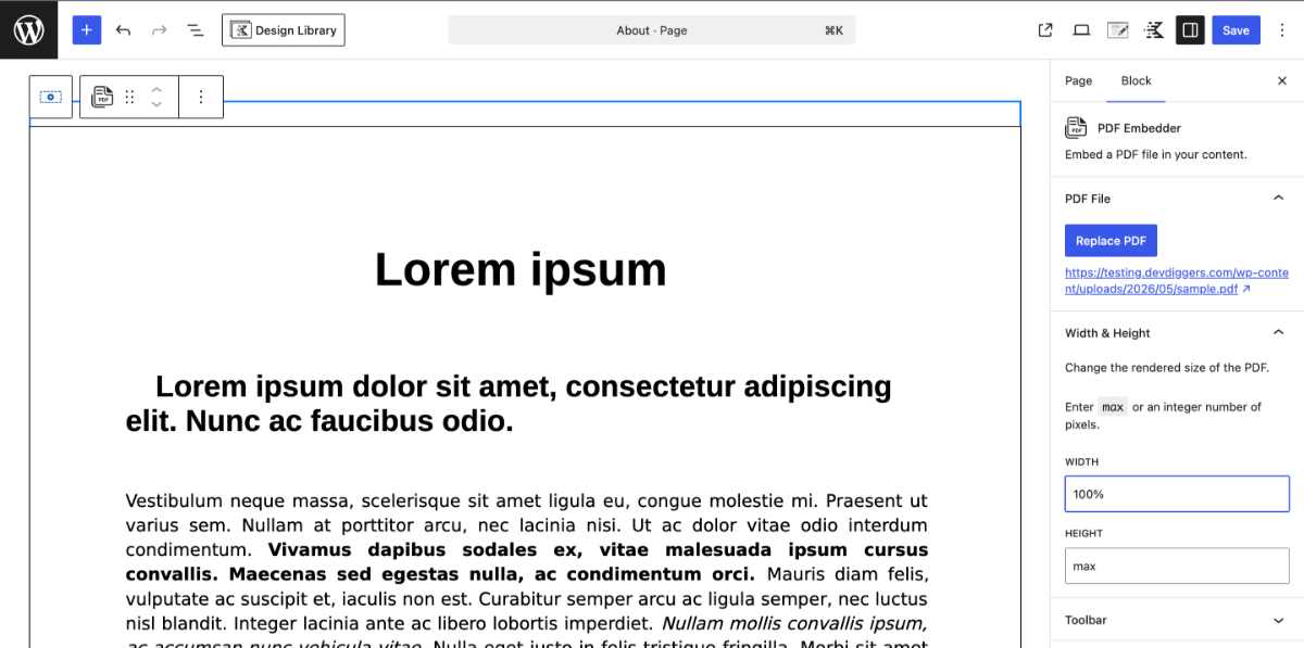 Upload PDF and set width