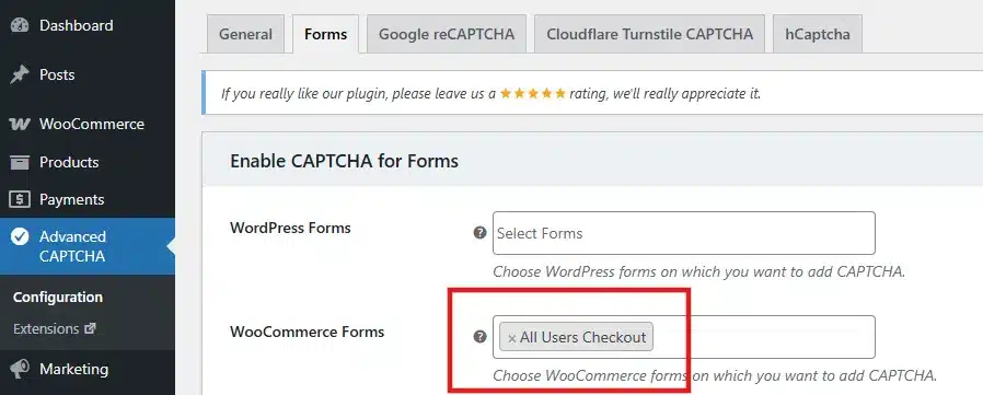 Under WooCommerce Forms, select All Users Checkout from the dropdown. This protects both guest and logged-in checkouts.