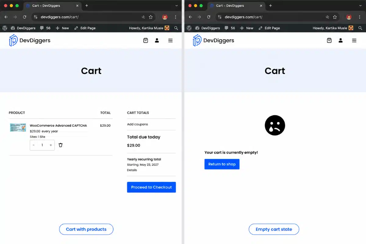WooCommerce empty cart page return to shop button location