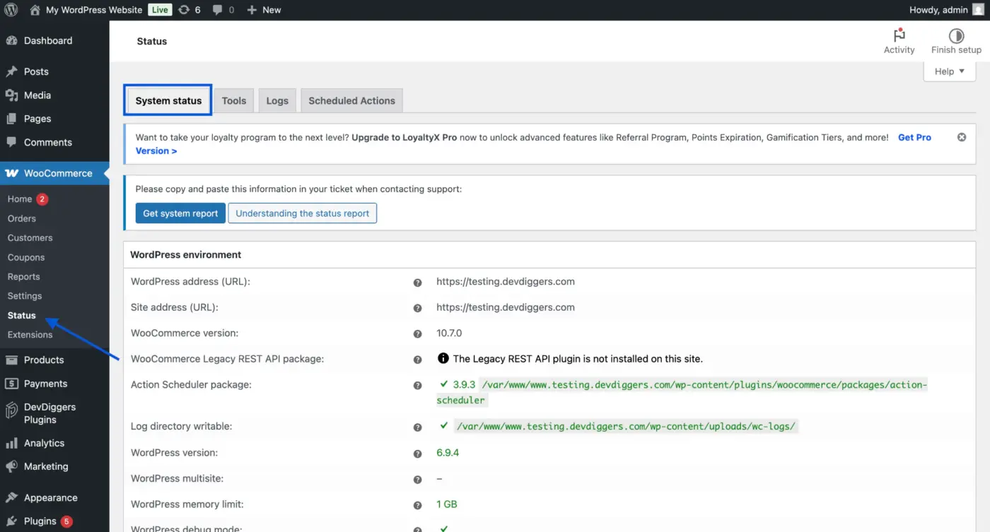 WooCommerce Status to check problems in code
