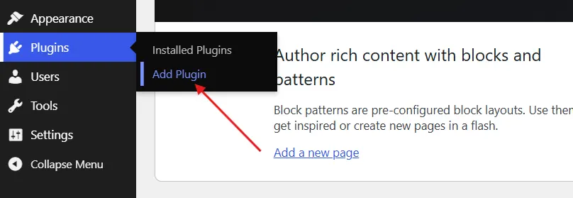 Go to Plugins → Add New in your WordPress dashboard.