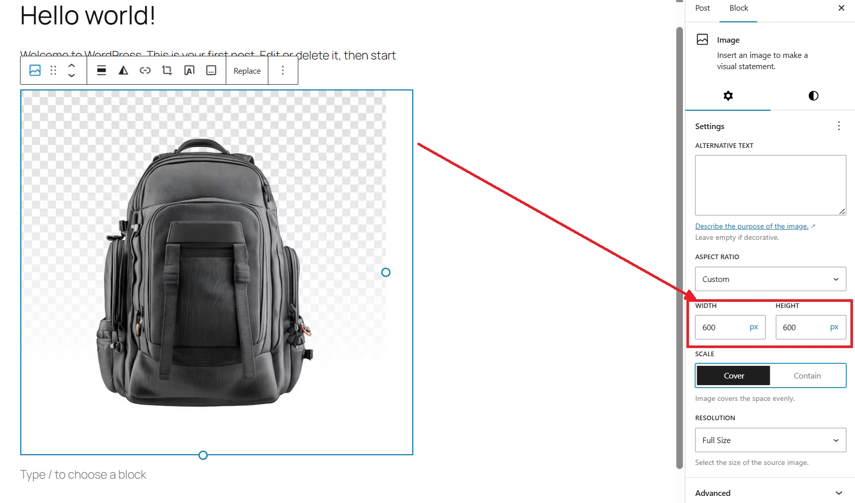 Method 2: Width and Height fields: With the image selected, open the block settings panel on the right. You'll find exact pixel fields under the Image settings tab.