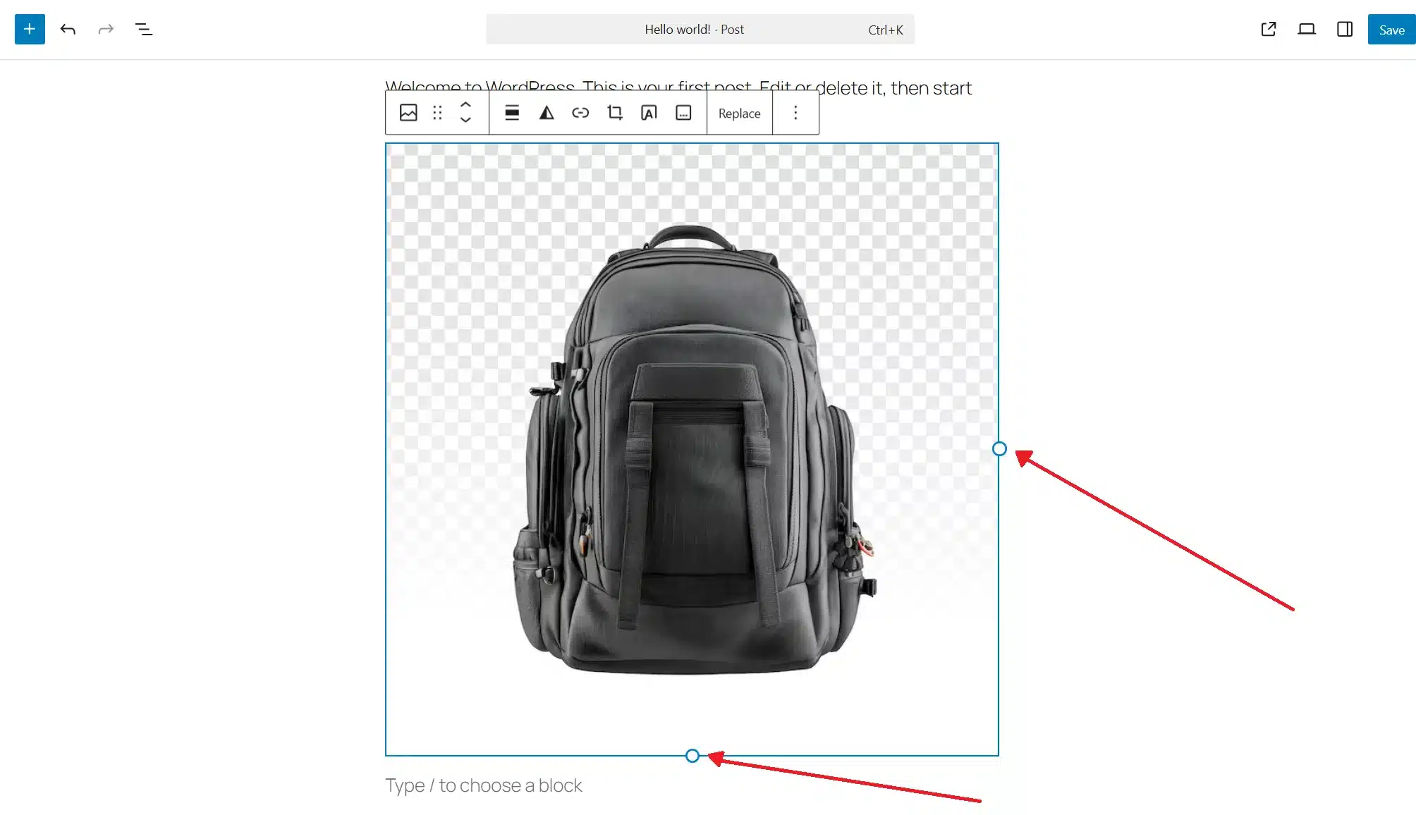 Method 1: Drag handles: Click on the image in the editor. You'll see a circular handle on the right side and at the bottom. Click and drag to change the size visually. This works for quick layout adjustments.