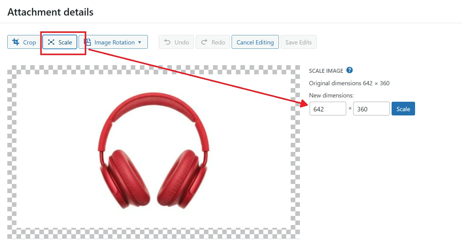 Under Scale Image on the right, enter your target width in pixels. WordPress will calculate the height automatically to keep the correct aspect ratio.