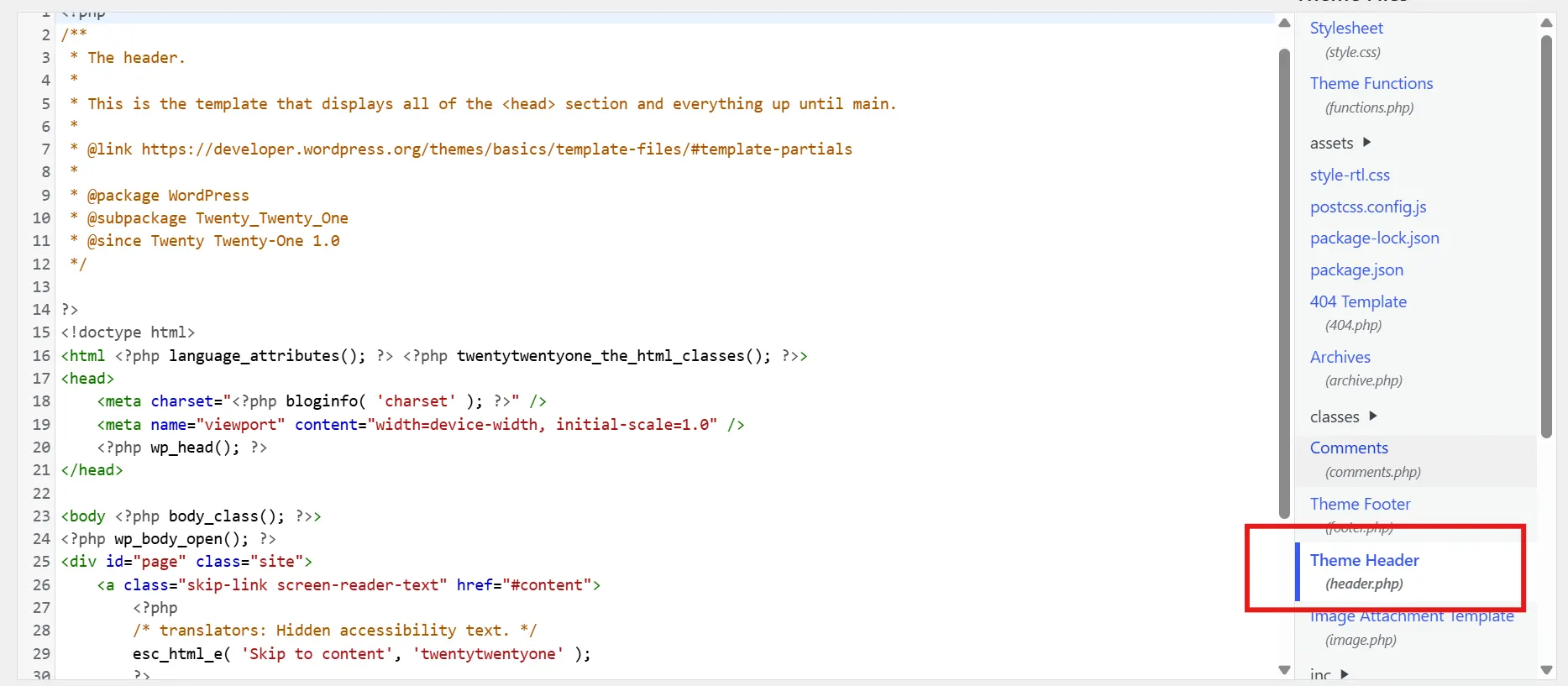 In the right-hand file list, select header.php under your active theme (or child theme).