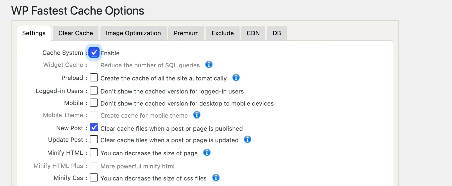 WP Fastest Cache settings with Cache System enabled