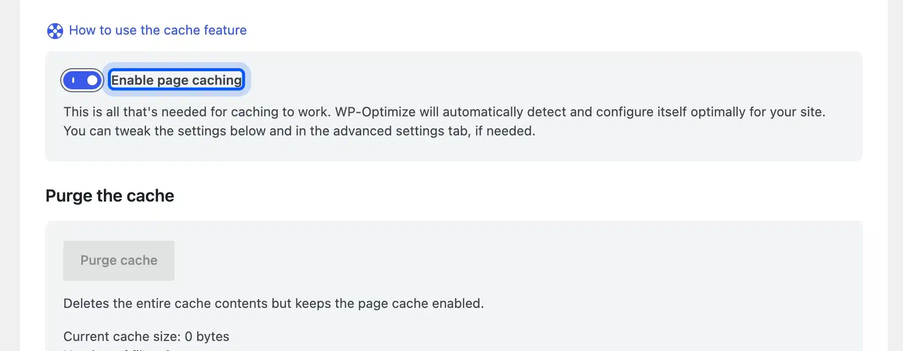 WP-Optimize Cache tab with page caching switched on