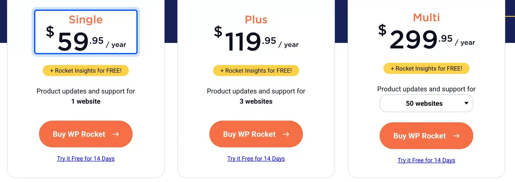 WP Rocket pricing page with the Single plan at $59.95 a year