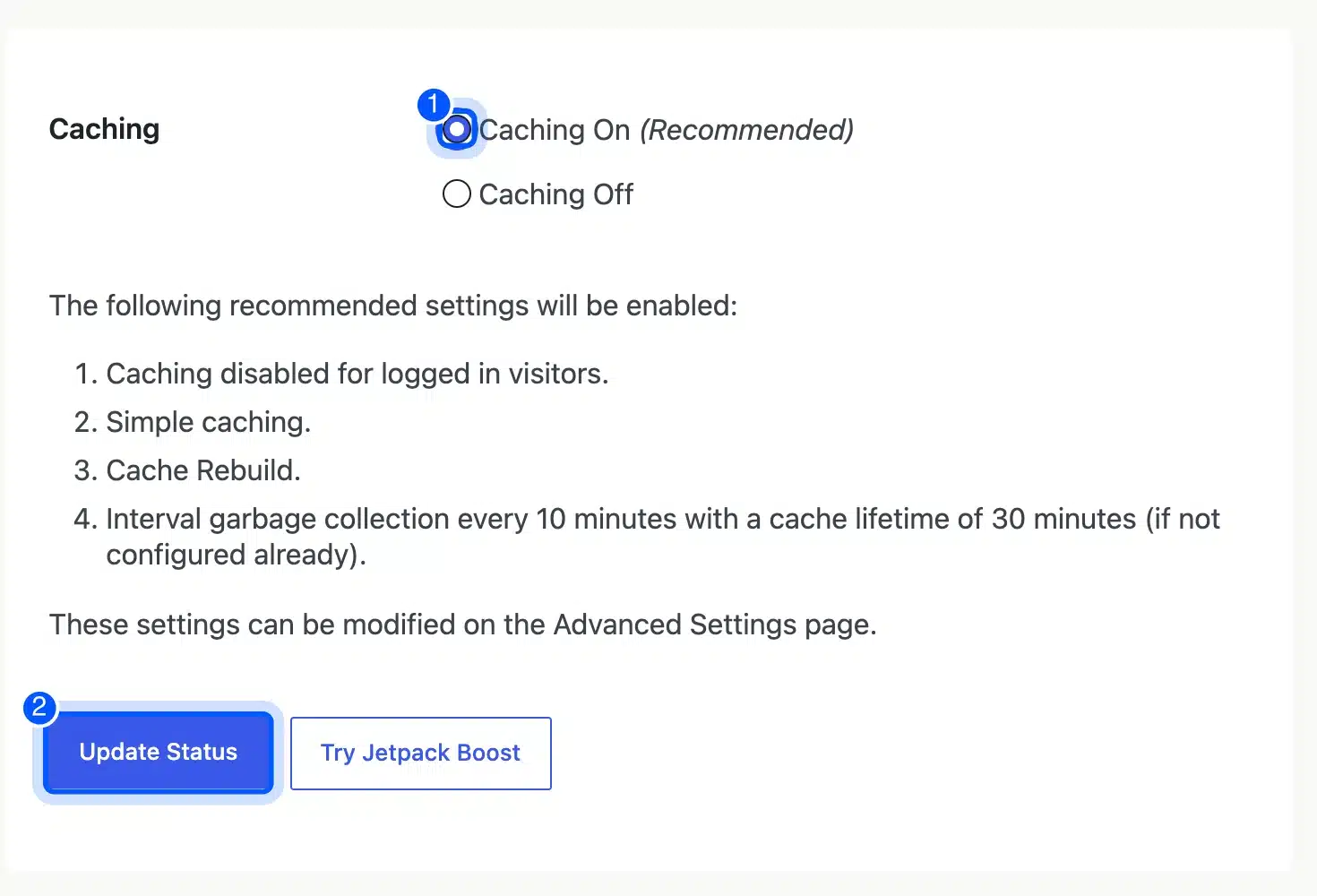 WP Super Cache Easy tab with Caching On selected