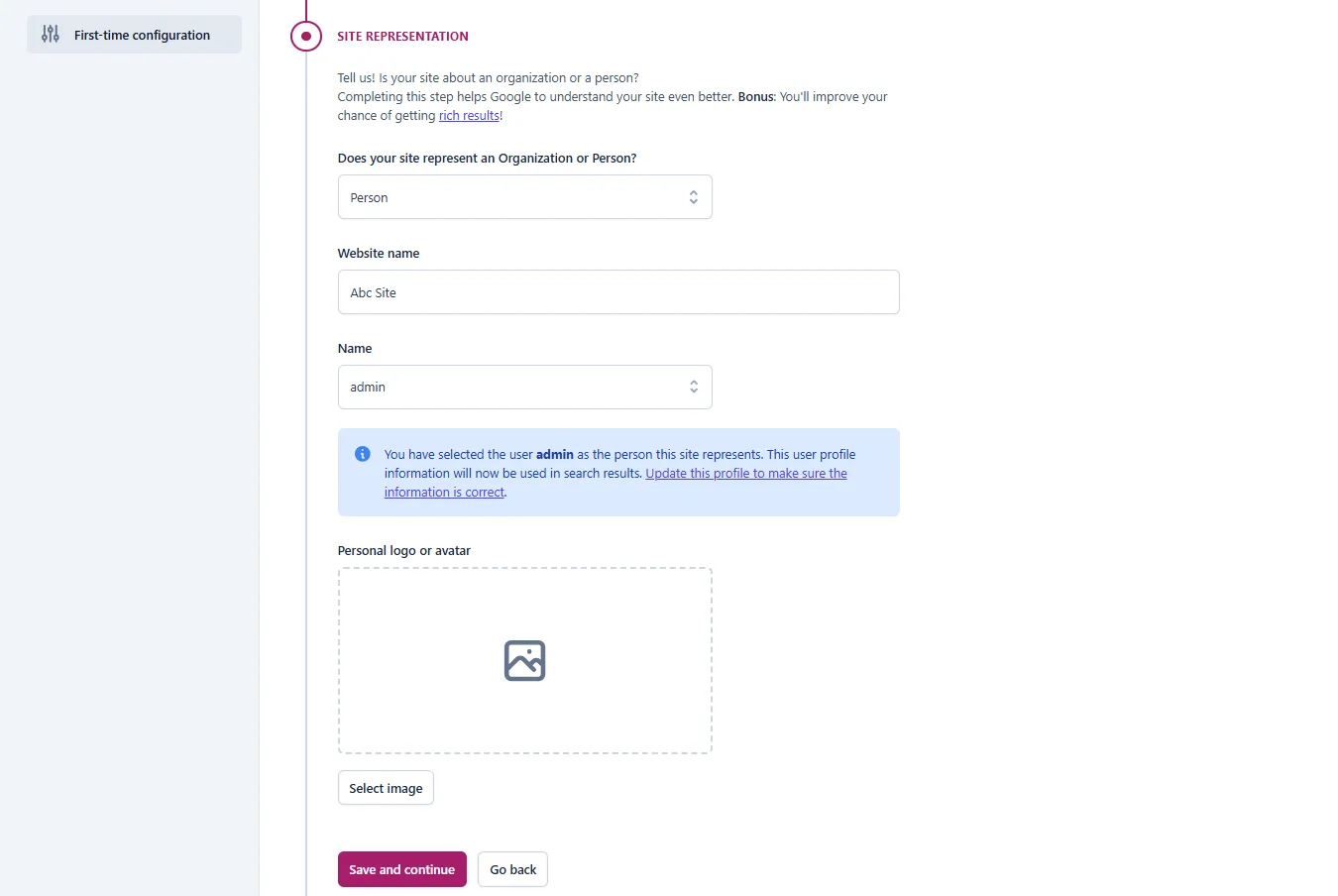 Run through the Yoast configuration wizard. This sets your site-wide defaults: your site name, site representation, and logo, etc.