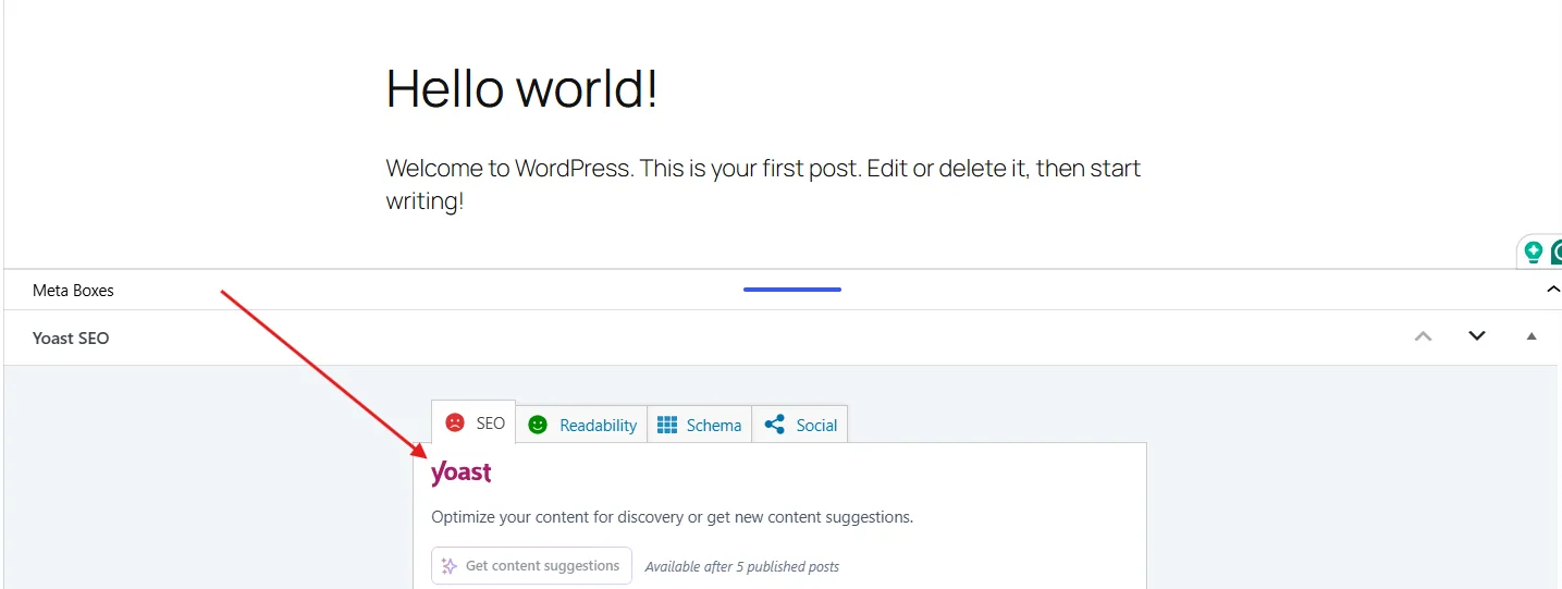 Scroll below the content editor to the Yoast SEO meta box
