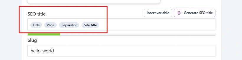 Click the SEO title field to customise your title tag. Yoast uses variables like %%title%% and %%sitename%% that auto-populate. Mix these with custom text if needed.