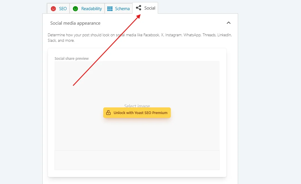 In the Yoast SEO meta box, click the Social tab (the share icon).