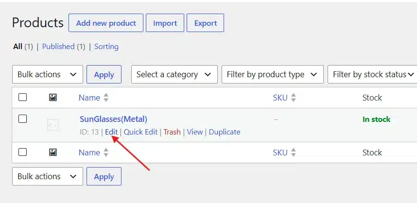 Click Edit on the product you want to hide.