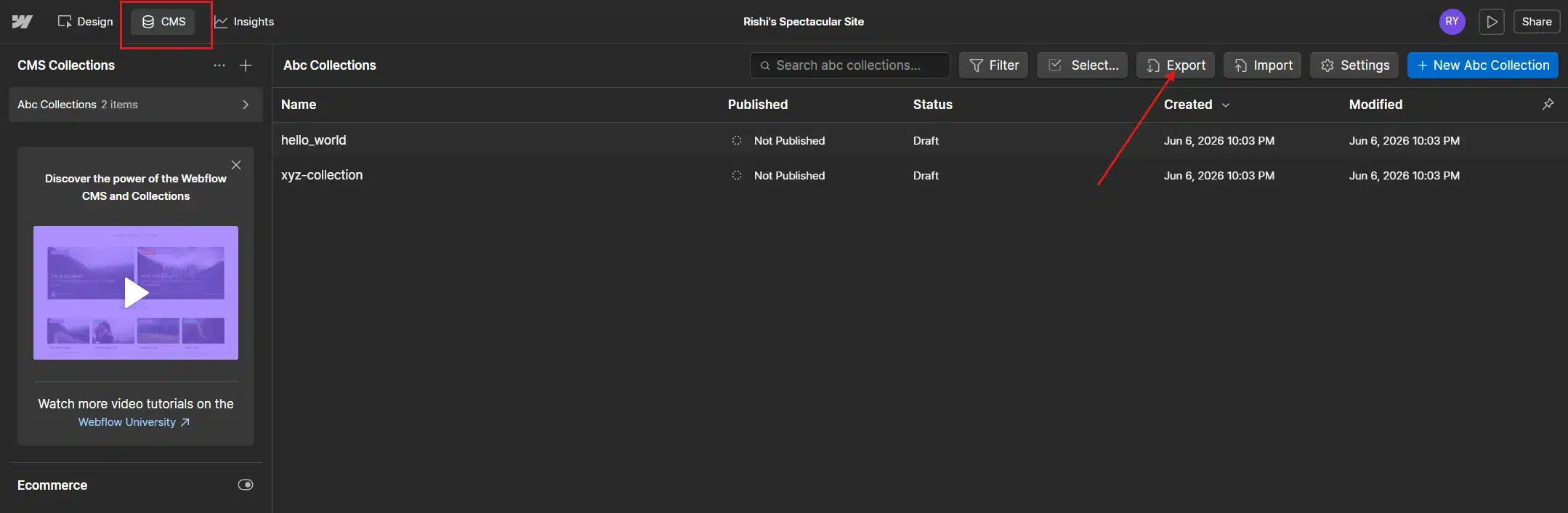 Go to the CMS Collections panel and export each collection as a CSV.