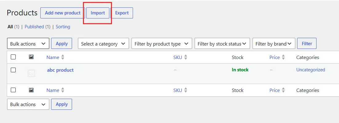 In the All Products Section, Click Import.