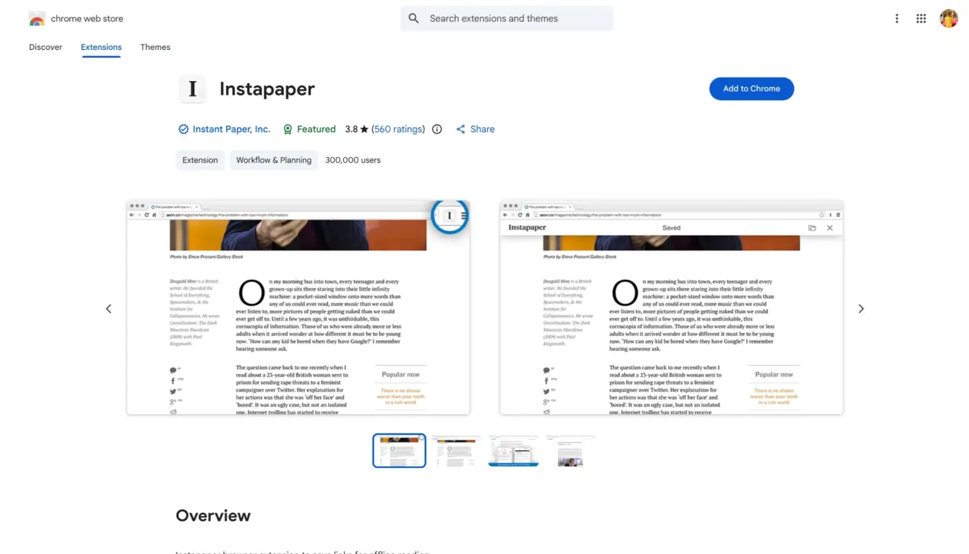 Instapaper Chrome Extension Page
