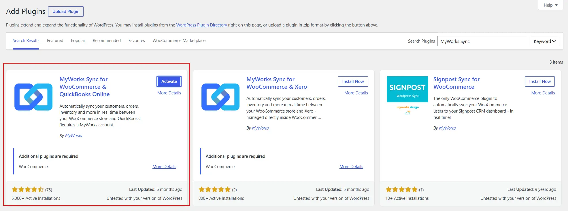 Search for MyWorks Sync install it, and activate it.