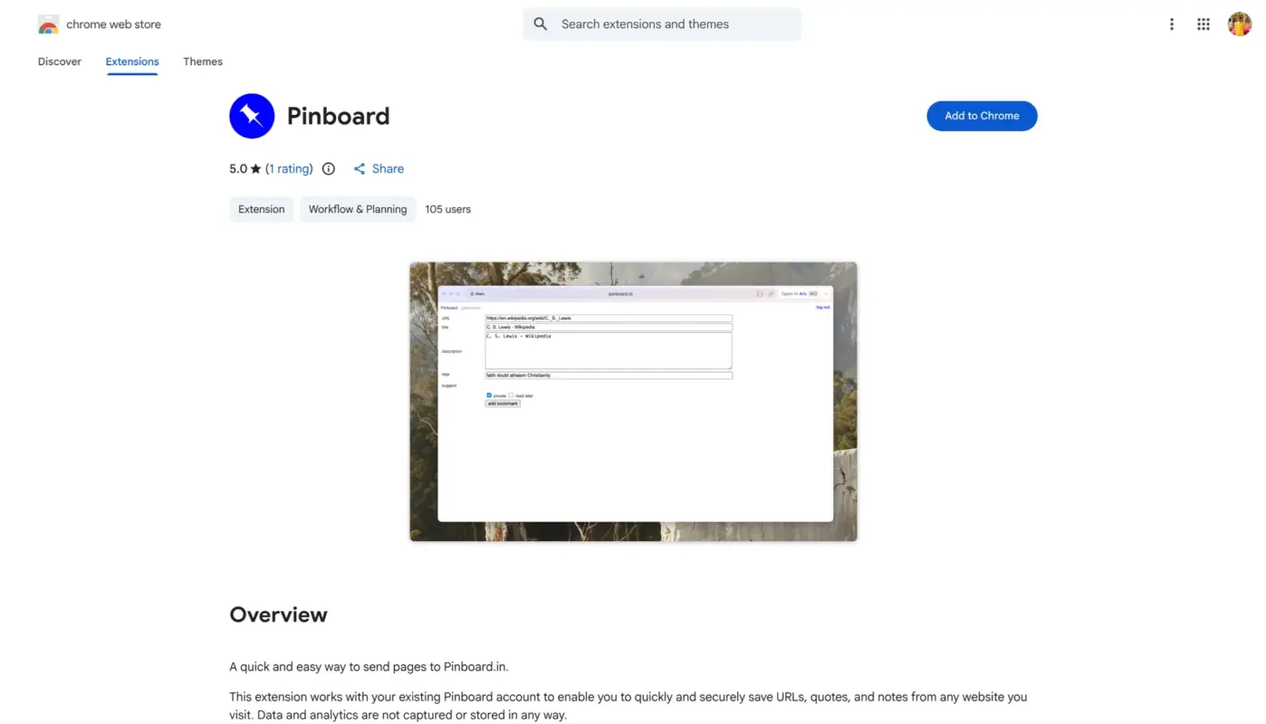 Pinboard Chrome Extension Page