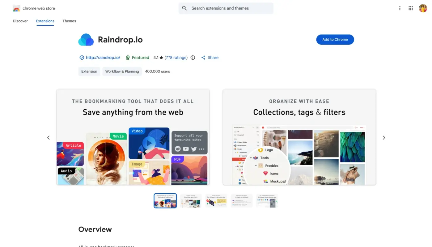 Raindrop Chrome Extension Page