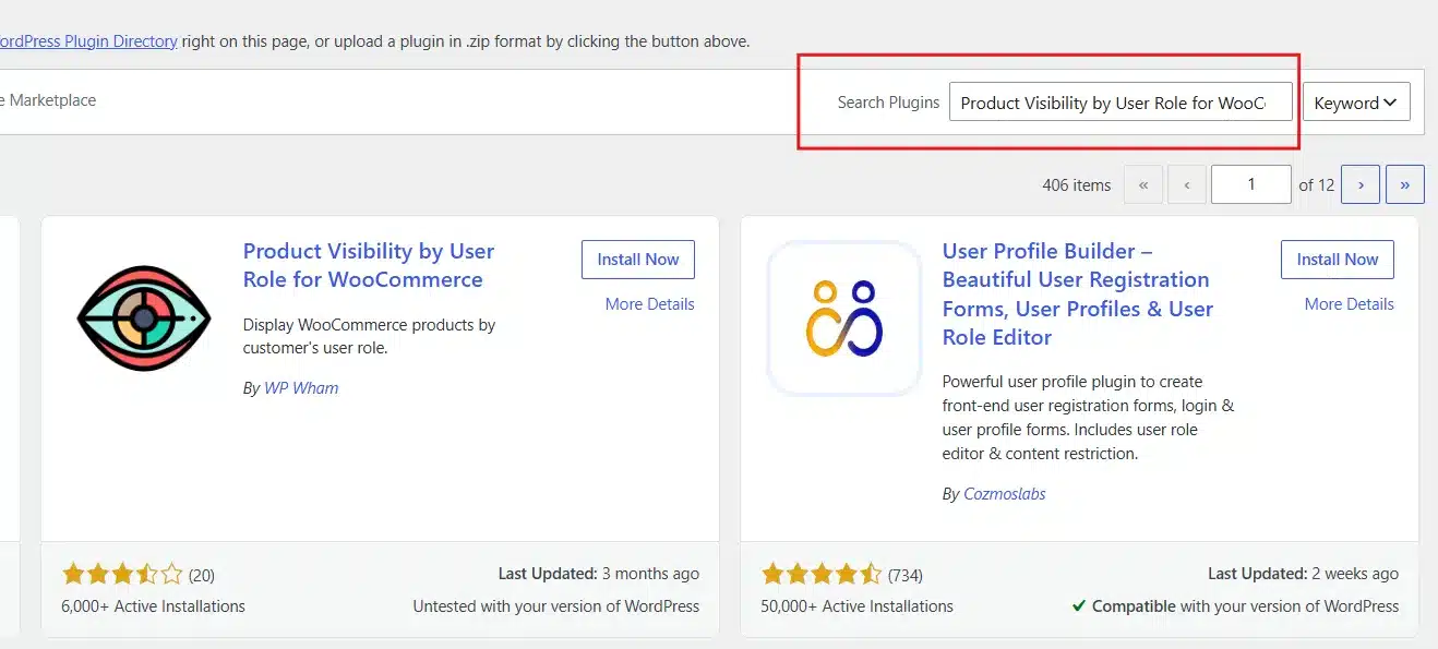 Then, search for Product Visibility by User Role for WooCommerce.