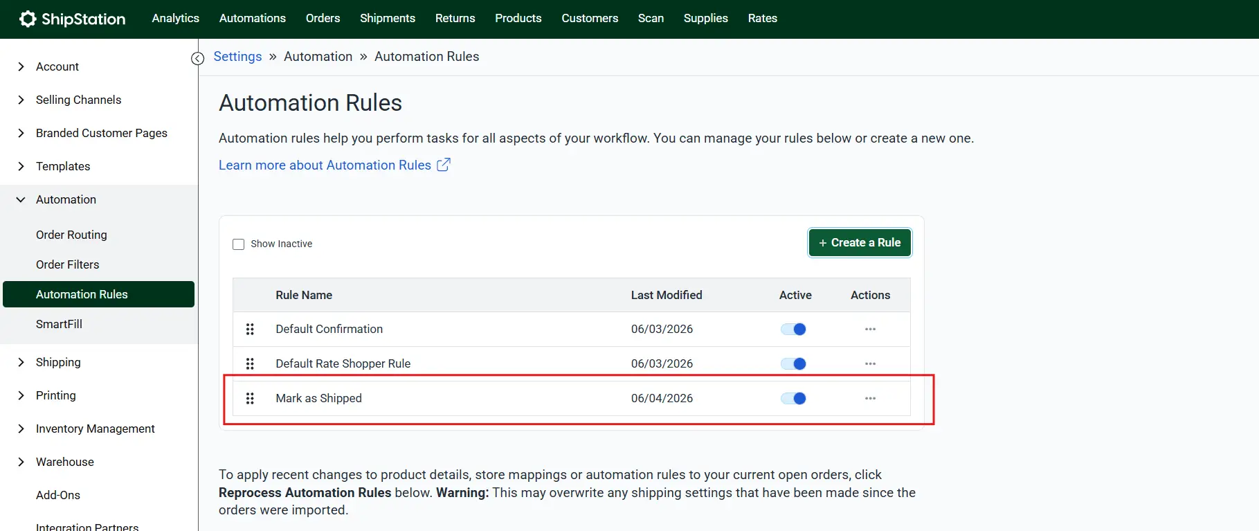 Configure the "Mark as Shipped" automation rule in ShipStation to update the WooCommerce order status when a label is created.
