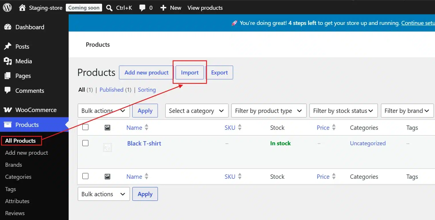 Go to Products > All Products > Import your CSV and check prices, stock, attributes, and categories.