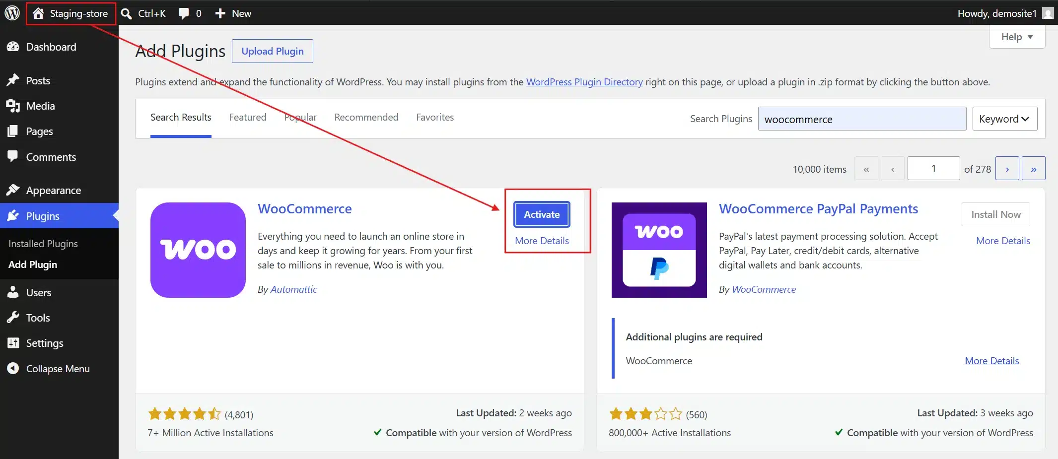 Install WooCommerce on the staging site.
