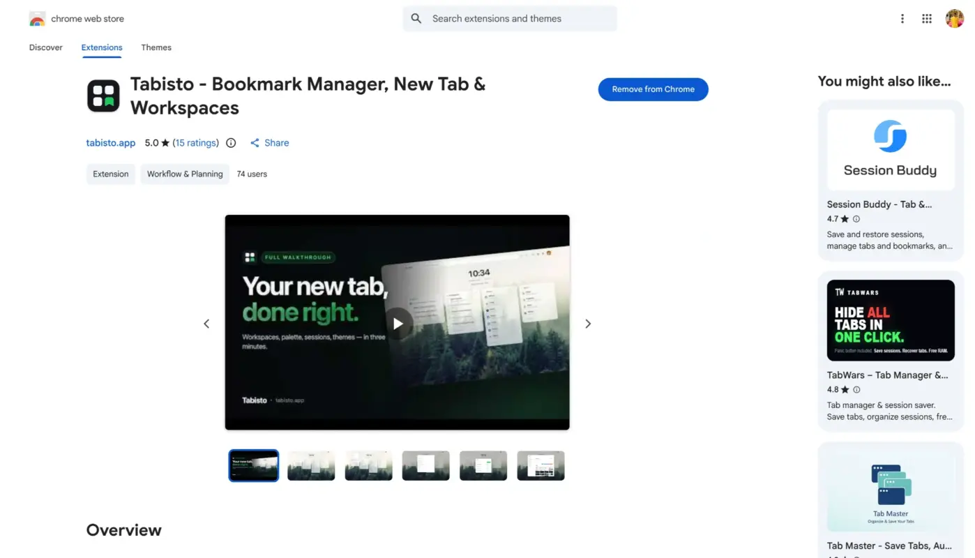 Tabisto - Bookmark Manager for Chrome Extension Page